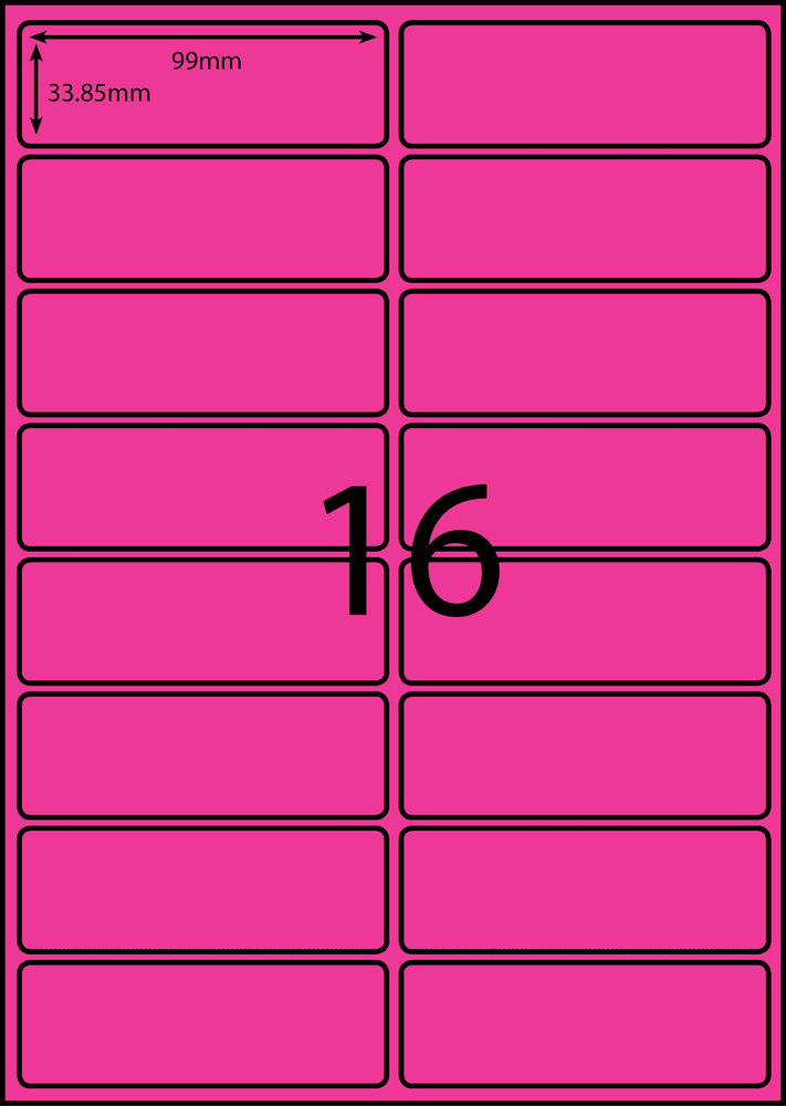 99 x 33.85 mm pink A4 sheet label, 16 per sheet, 2 across.