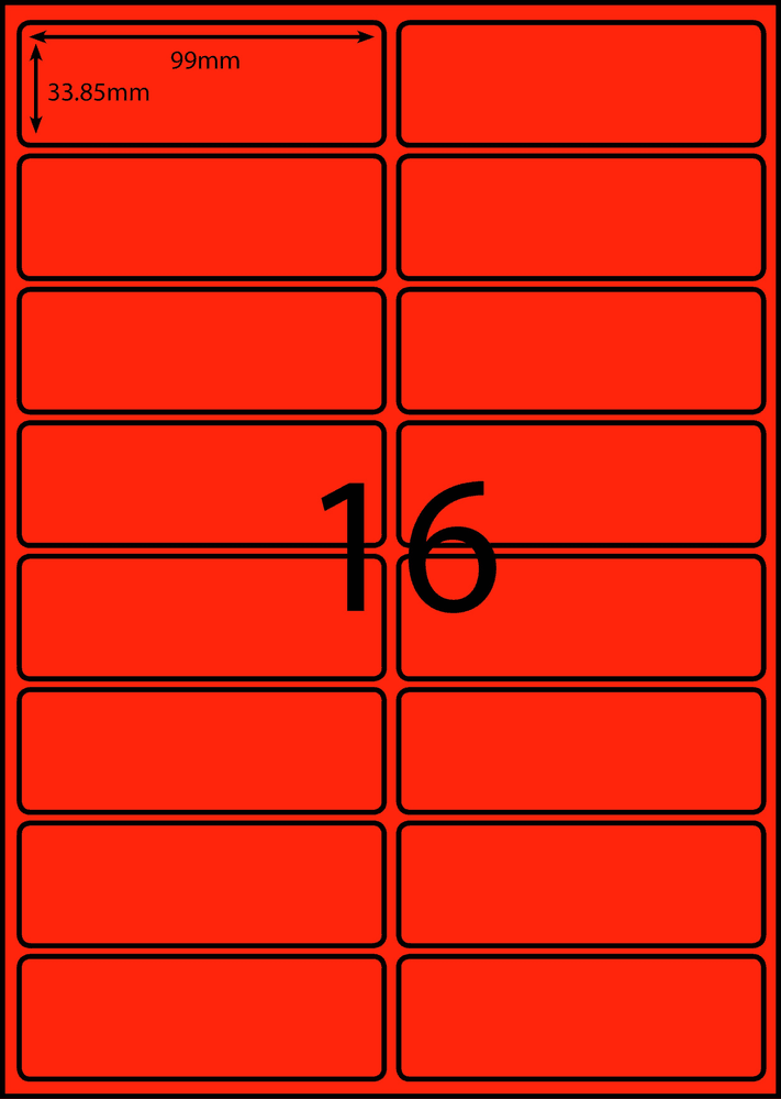 99 x 33.85 mm red A4 sheet label, 16 per sheet, 2 across.