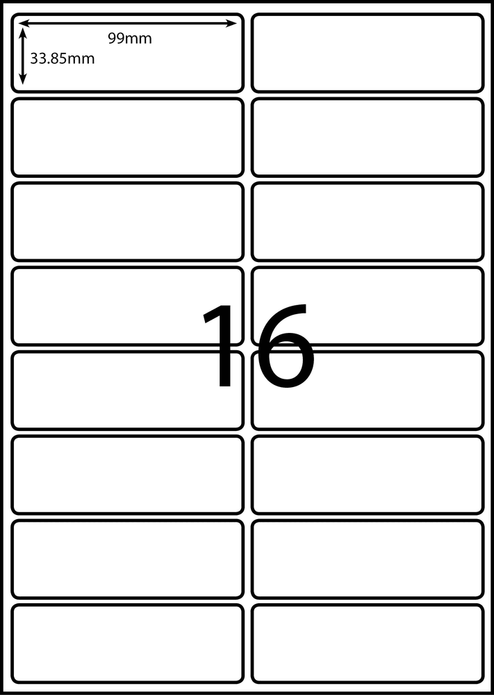 99 x 33.85 mm white A4 sheet label, 16 per sheet, 2 across.