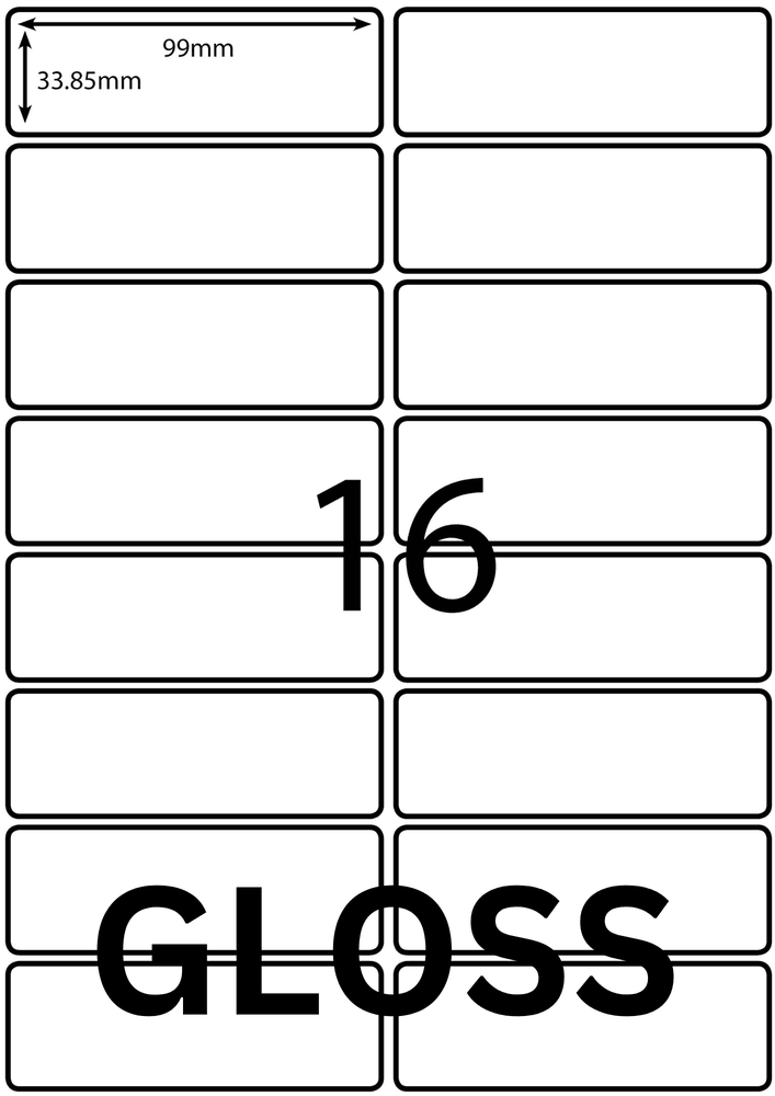 99 x 33.85 mm white A4 sheet label, 16 per sheet, 2 across.