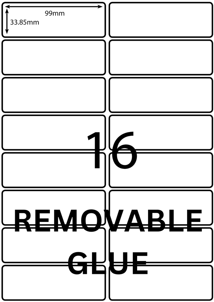 99 x 33.85 mm white A4 sheet label, 16 per sheet, 2 across.