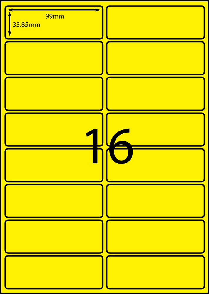 99 x 33.85 mm yellow A4 sheet label, 16 per sheet, 2 across.