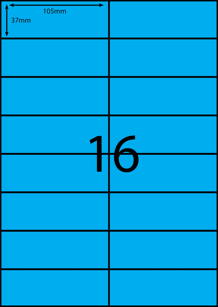 105 x 37 mm blue A4 sheet label, 16 per sheet, 2 across.