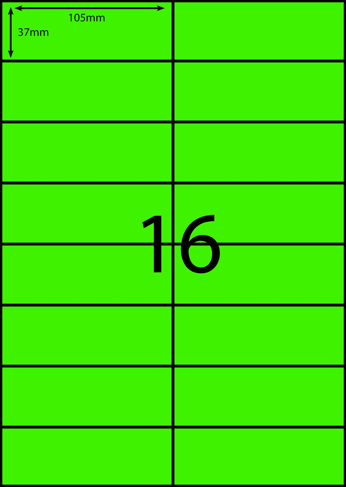 105 x 37 mm green A4 sheet label, 16 per sheet, 2 across.