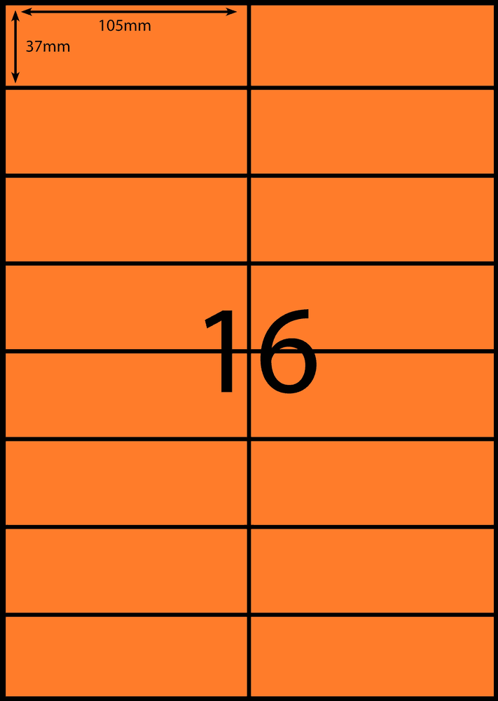 105 x 37 mm orange A4 sheet label, 16 per sheet, 2 across.