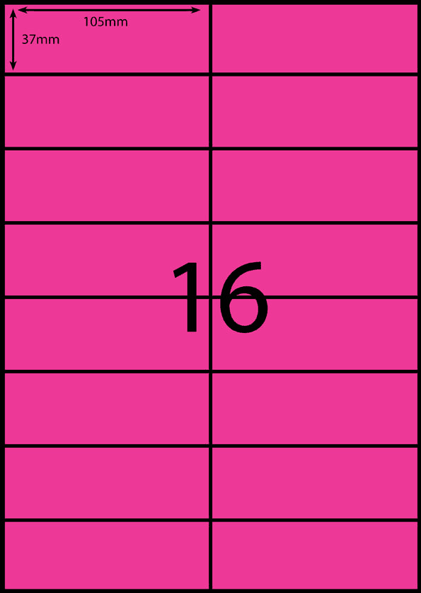 105 x 37 mm pink A4 sheet label, 16 per sheet, 2 across.