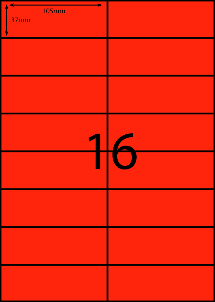 105 x 37 mm red A4 sheet label, 16 per sheet, 2 across.