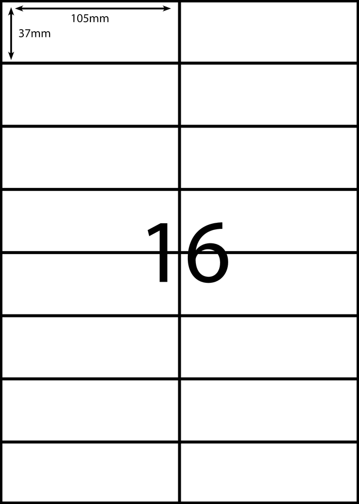 105 x 37 mm white A4 sheet label, 16 per sheet, 2 across.