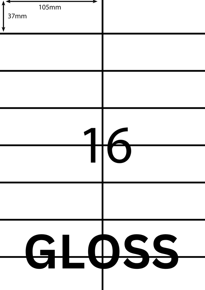 105 x 37 mm white A4 sheet label, 16 per sheet, 2 across.