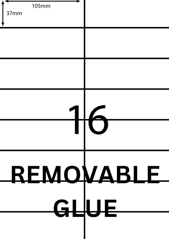 105 x 37 mm white A4 sheet label, 16 per sheet, 2 across.