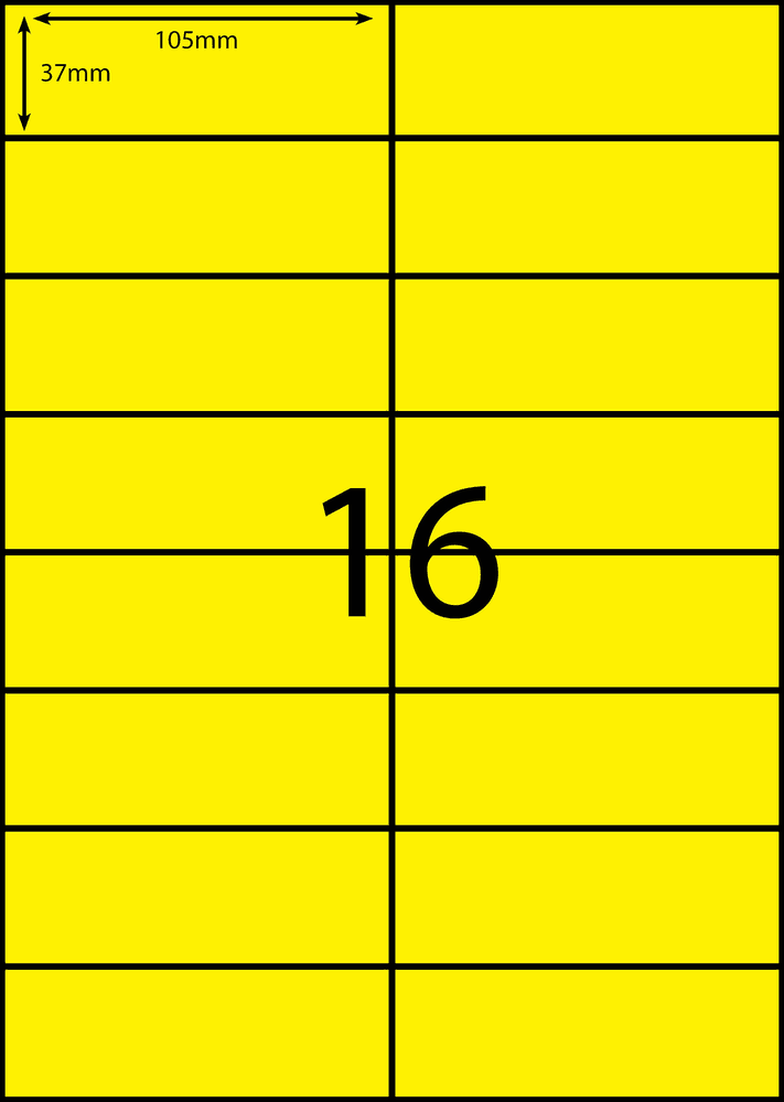 105 x 37 mm yellow A4 sheet label, 16 per sheet, 2 across.