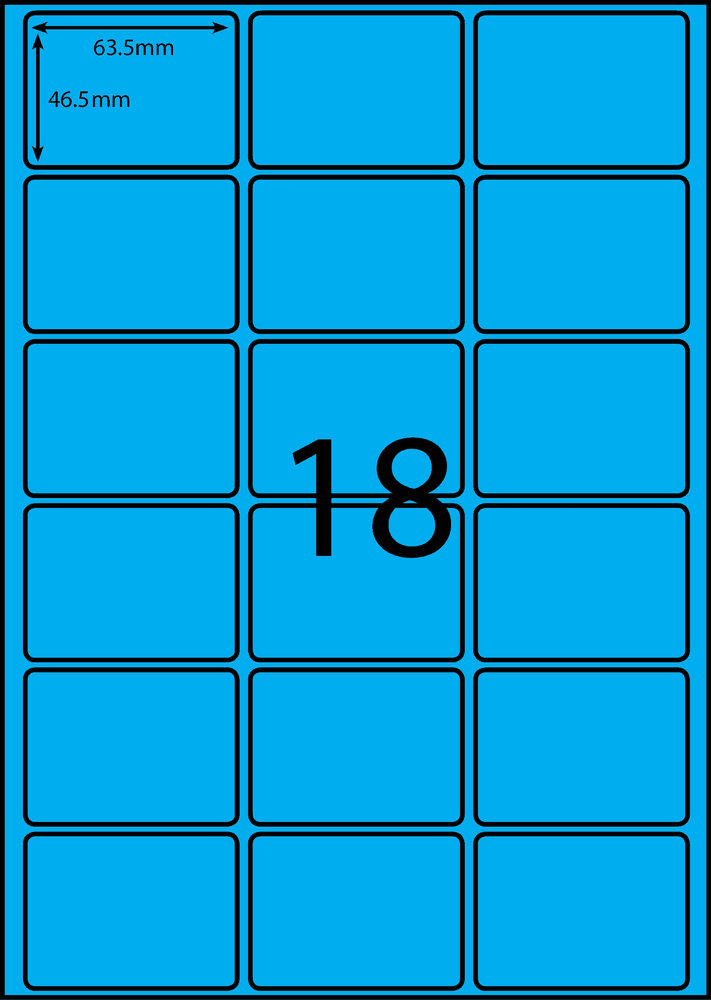 63.5 x 46.6 mm blue A4 sheet label, 18 per sheet, 3 across.