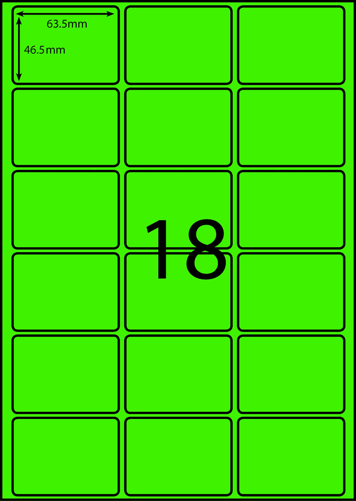 63.5 x 46.6 mm green A4 sheet label, 18 per sheet, 3 across.
