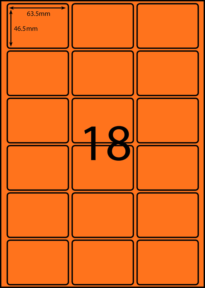 63.5 x 46.6 mm orange A4 sheet label, 18 per sheet, 3 across.