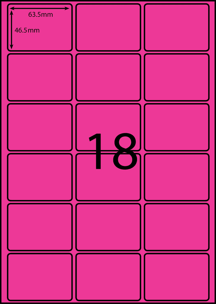 63.5 x 46.6 mm pink A4 sheet label, 18 per sheet, 3 across.