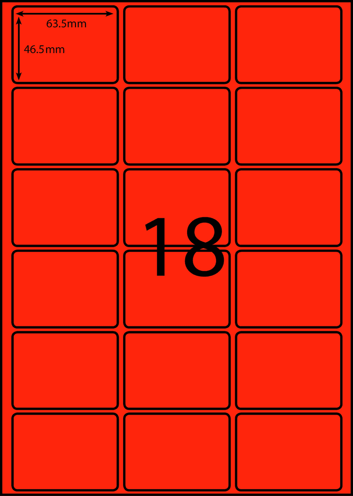 63.5 x 46.6 mm red A4 sheet label, 18 per sheet, 3 across.