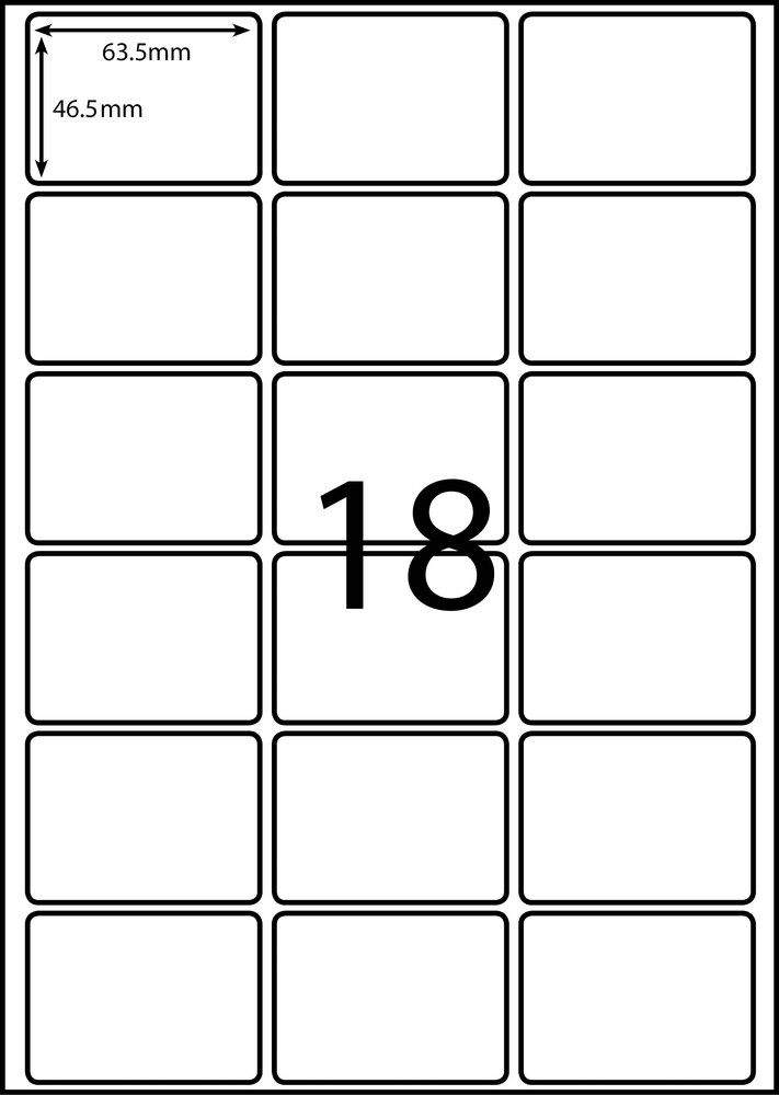 63.5 x 46.6 mm white A4 sheet label, 18 per sheet, 3 across.