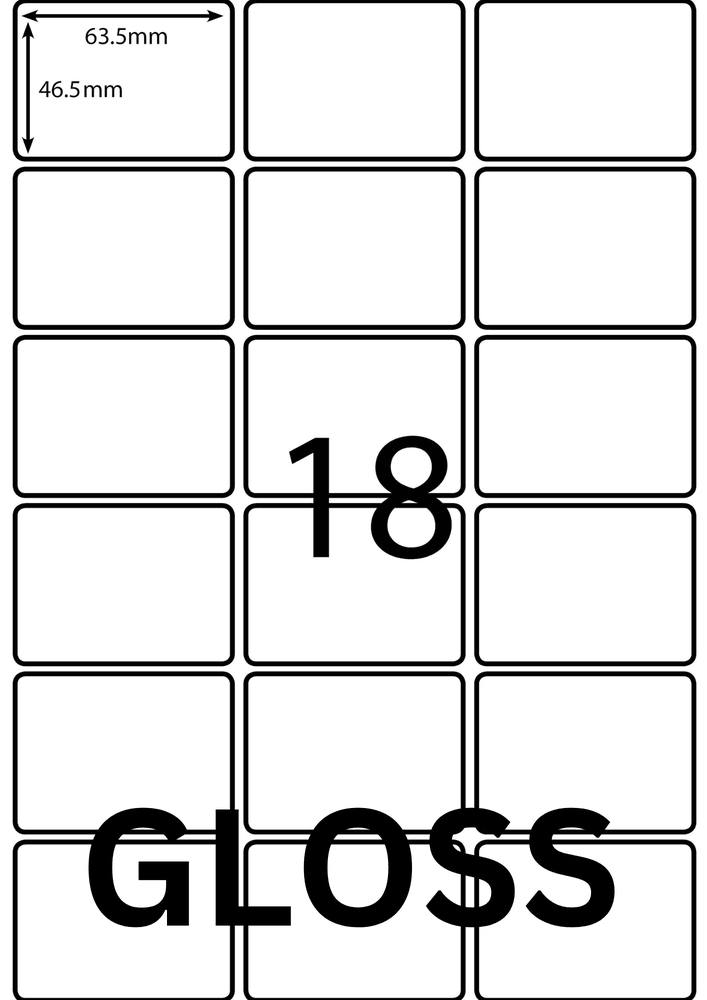 63.5 x 46.6 mm white A4 sheet label, 18 per sheet, 3 across.