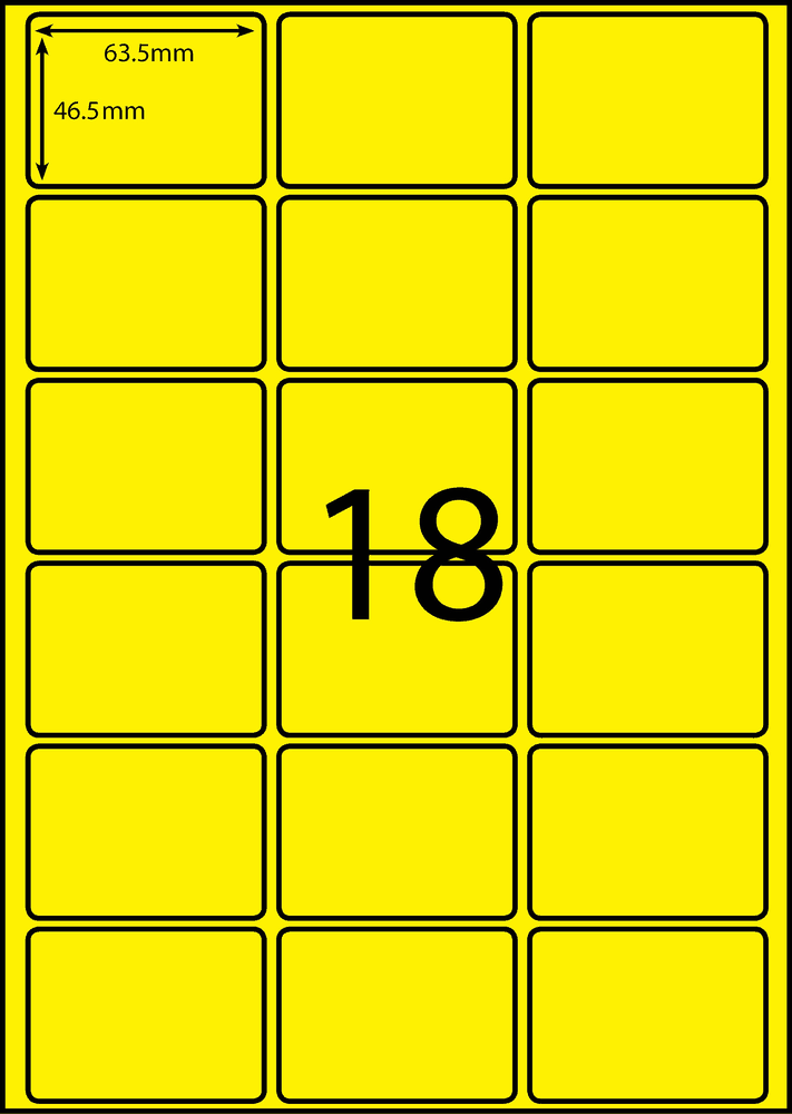 63.5 x 46.6 mm yellow A4 sheet label, 18 per sheet, 3 across.