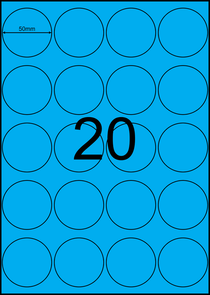 50 mm round blue A4 sheet label, 20 per sheet, 4 across.