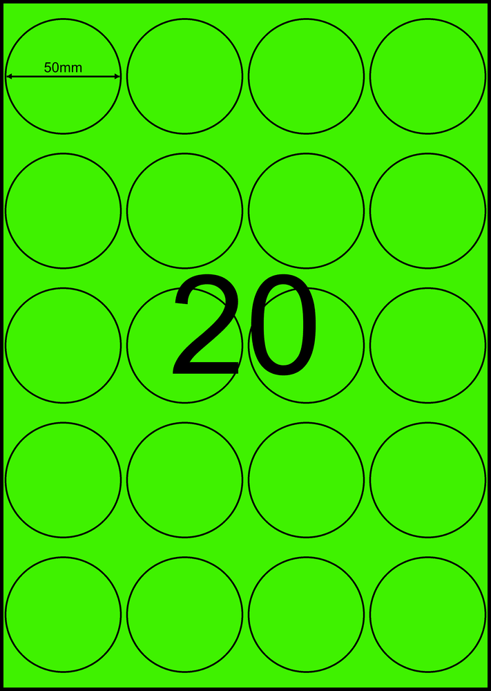 50 mm round green A4 sheet label, 20 per sheet, 4 across.
