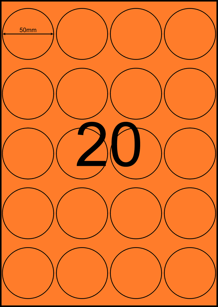 50 mm round orange A4 sheet label, 20 per sheet, 4 across.