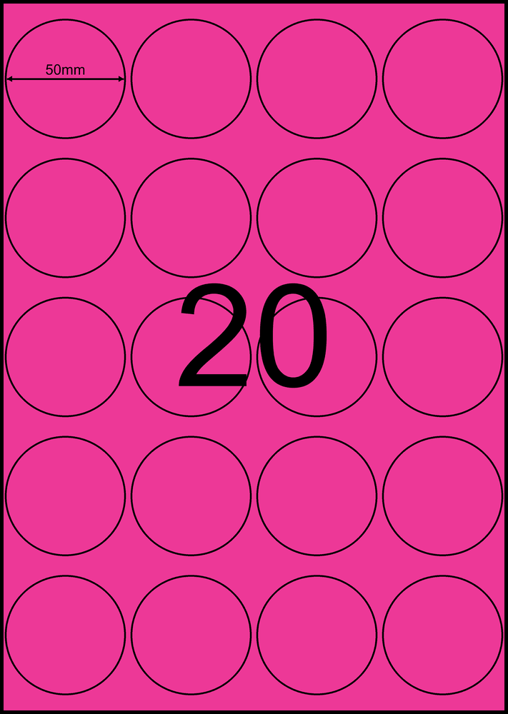 50 mm round pink A4 sheet label, 20 per sheet, 4 across.