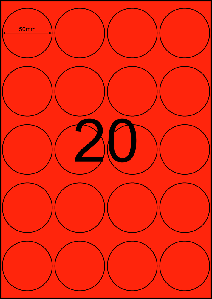 50 mm round red A4 sheet label, 20 per sheet, 4 across.