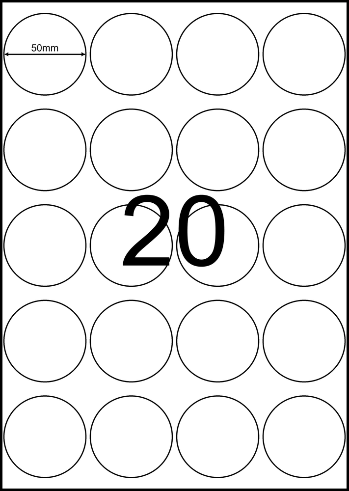 50 mm round white A4 sheet label, 20 per sheet, 4 across.