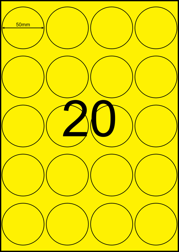 50 mm round yellow A4 sheet label, 20 per sheet, 4 across.