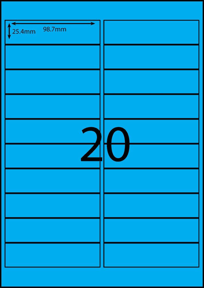 98.7 x 25.4 mm blue A4 sheet label, 20 per sheet, 2 across.