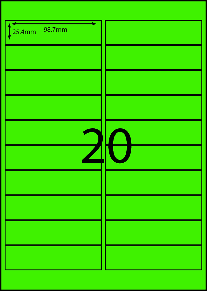 98.7 x 25.4 mm green A4 sheet label, 20 per sheet, 2 across.