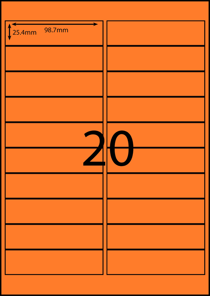 98.7 x 25.4 mm orange A4 sheet label, 20 per sheet, 2 across.