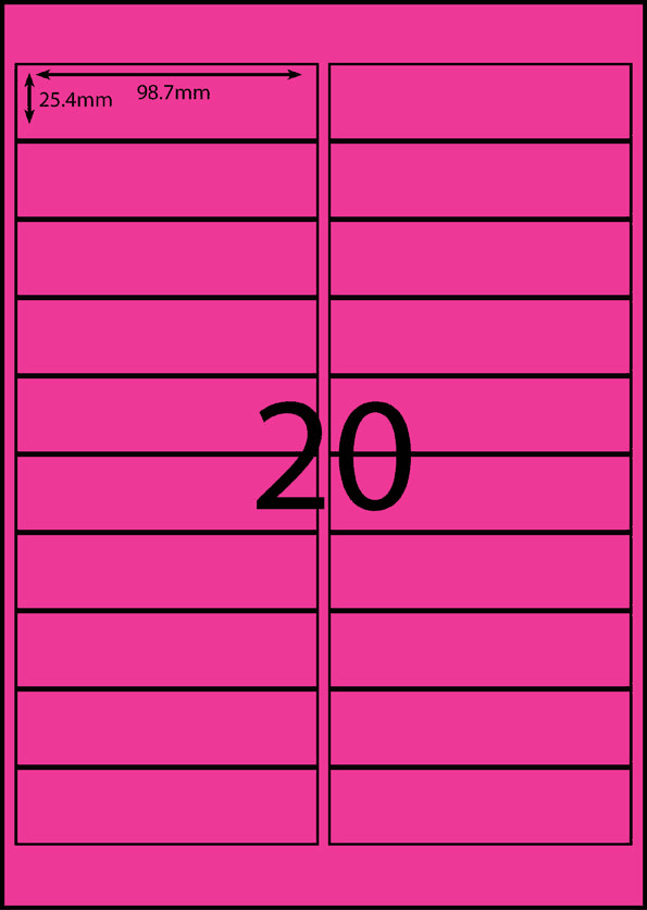 98.7 x 25.4 mm pink A4 sheet label, 20 per sheet, 2 across.