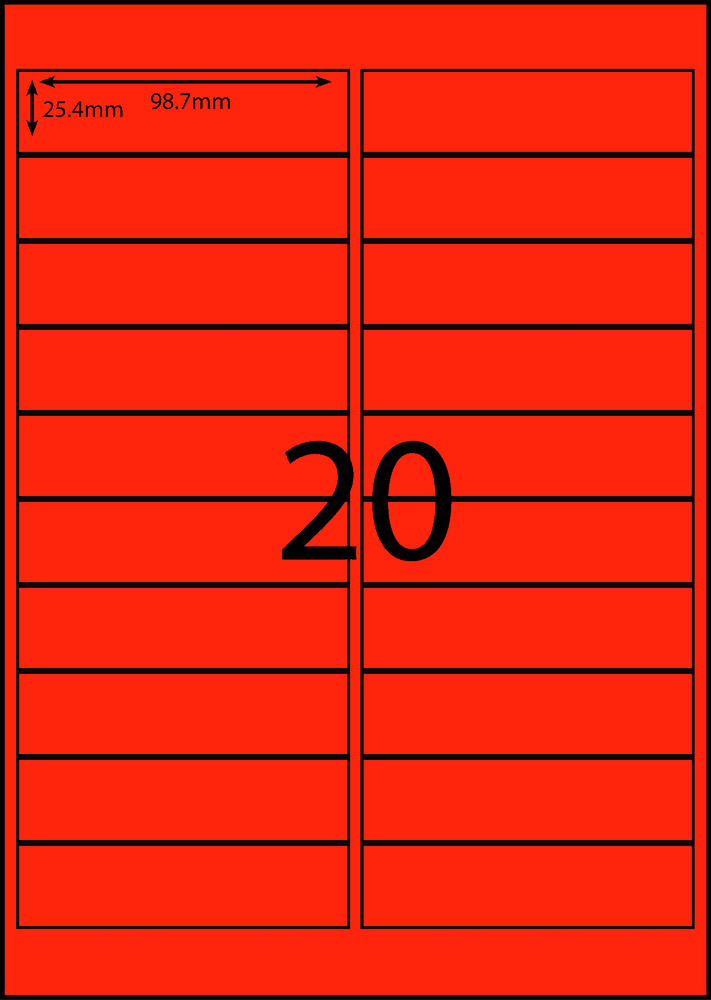 98.7 x 25.4 mm red A4 sheet label, 20 per sheet, 2 across.
