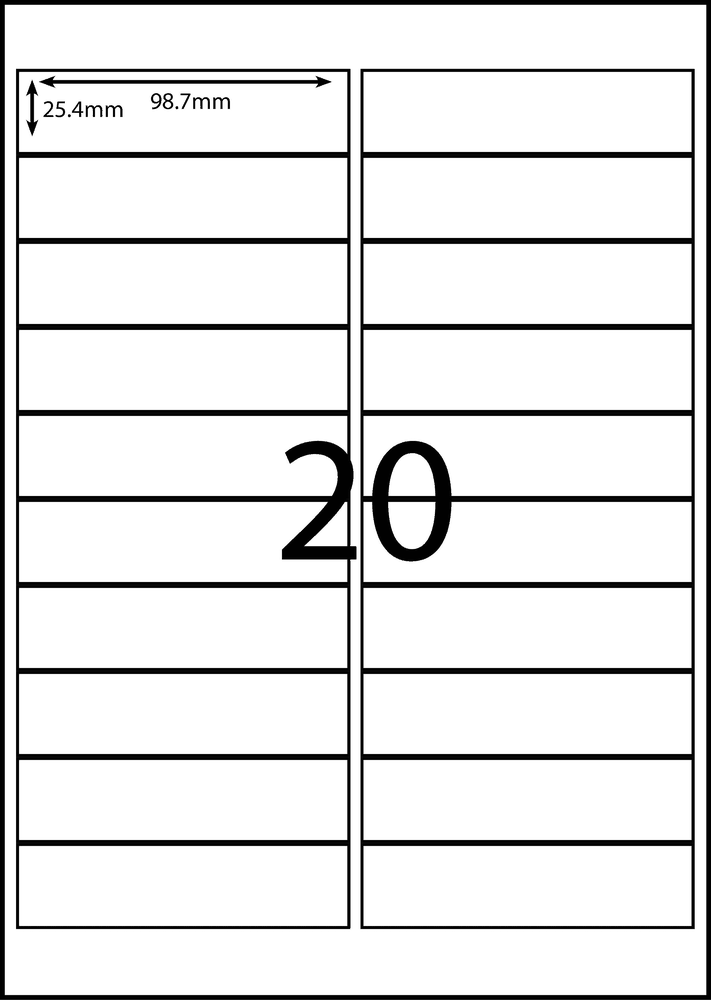 98.7 x 25.4 mm white A4 sheet label, 20 per sheet, 2 across.