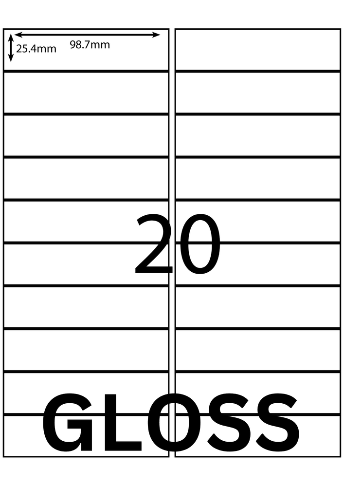 98.7 x 25.4 mm white A4 sheet label, 20 per sheet, 2 across.