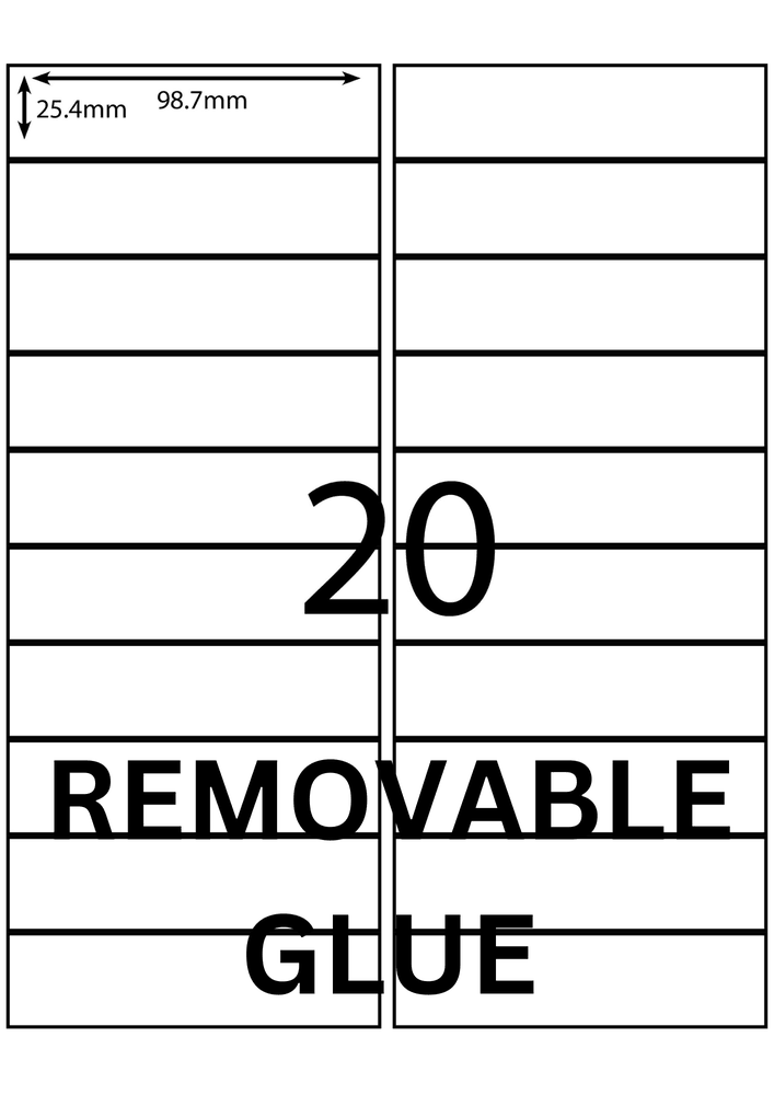 98.7 x 25.4 mm white A4 sheet label, 20 per sheet, 2 across.