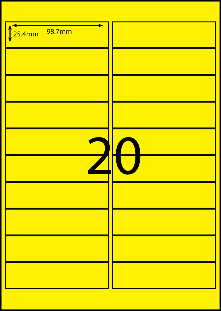 98.7 x 25.4 mm yellow A4 sheet label, 20 per sheet, 2 across.