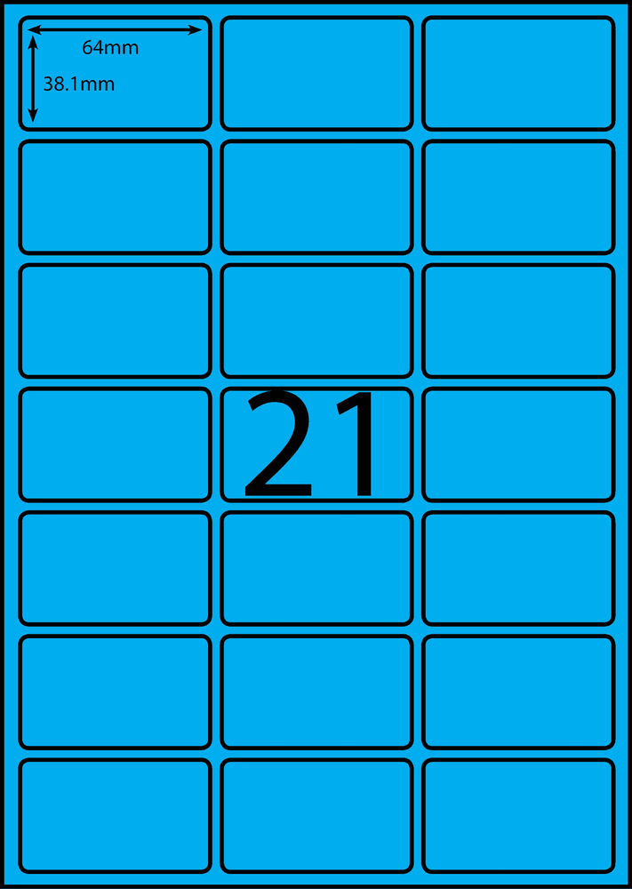 64 x 38.1 mm blue A4 sheet label, 21 per sheet, 3 across.