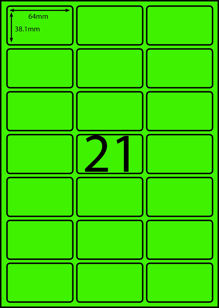 64 x 38.1 mm green A4 sheet label, 21 per sheet, 3 across.