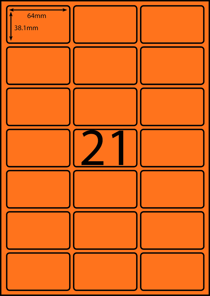 64 x 38.1 mm orange A4 sheet label, 21 per sheet, 3 across.