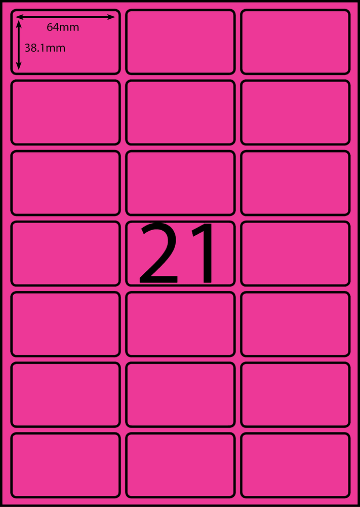 64 x 38.1 mm pink A4 sheet label, 21 per sheet, 3 across.