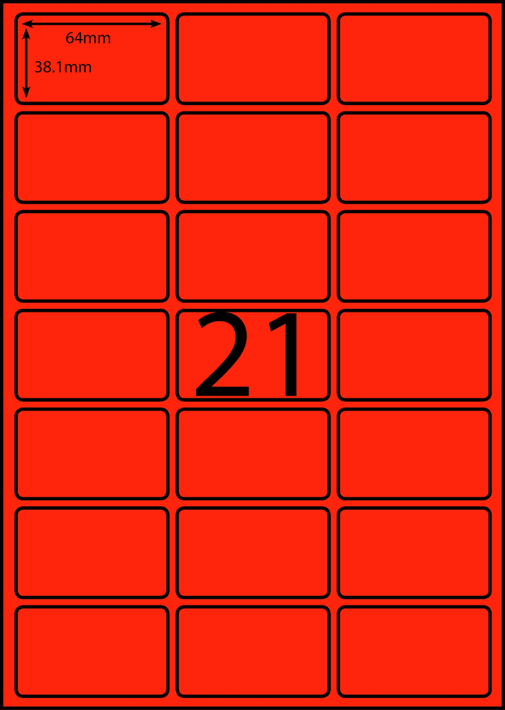 64 x 38.1 mm red A4 sheet label, 21 per sheet, 3 across.