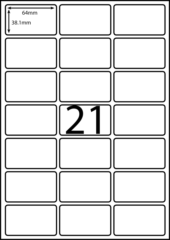 64 x 38.1 mm white A4 sheet label, 21 per sheet, 3 across.