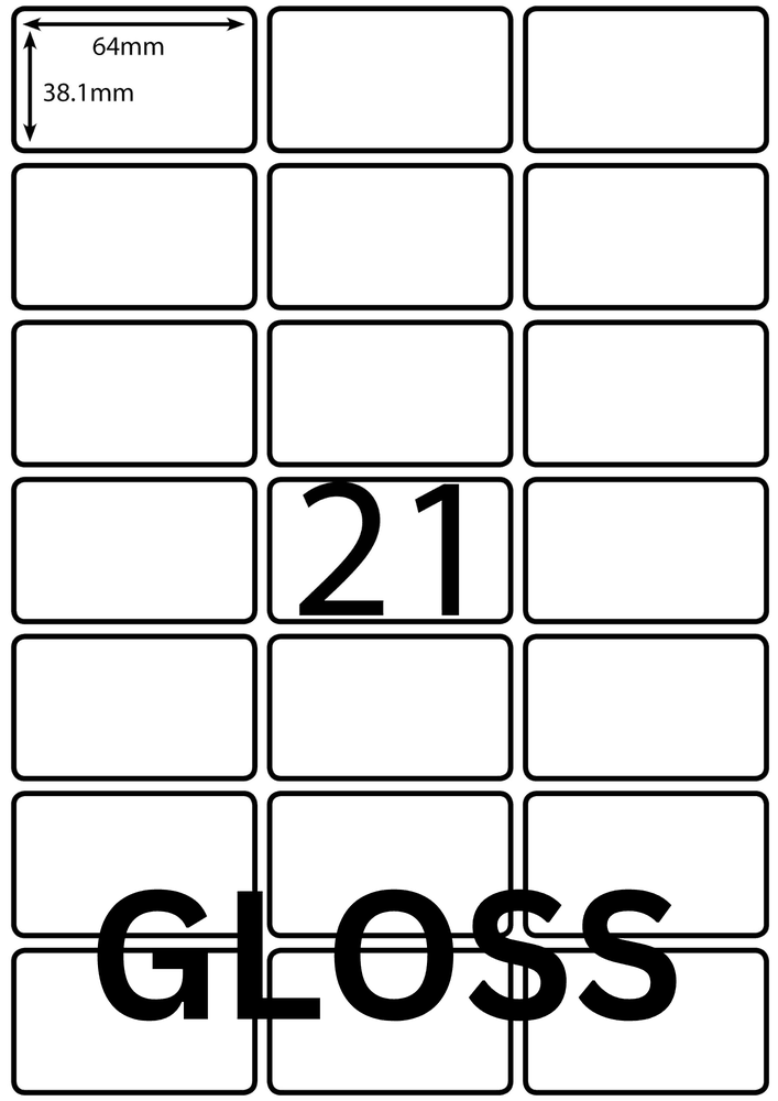 64 x 38.1 mm white A4 sheet label, 21 per sheet, 3 across.