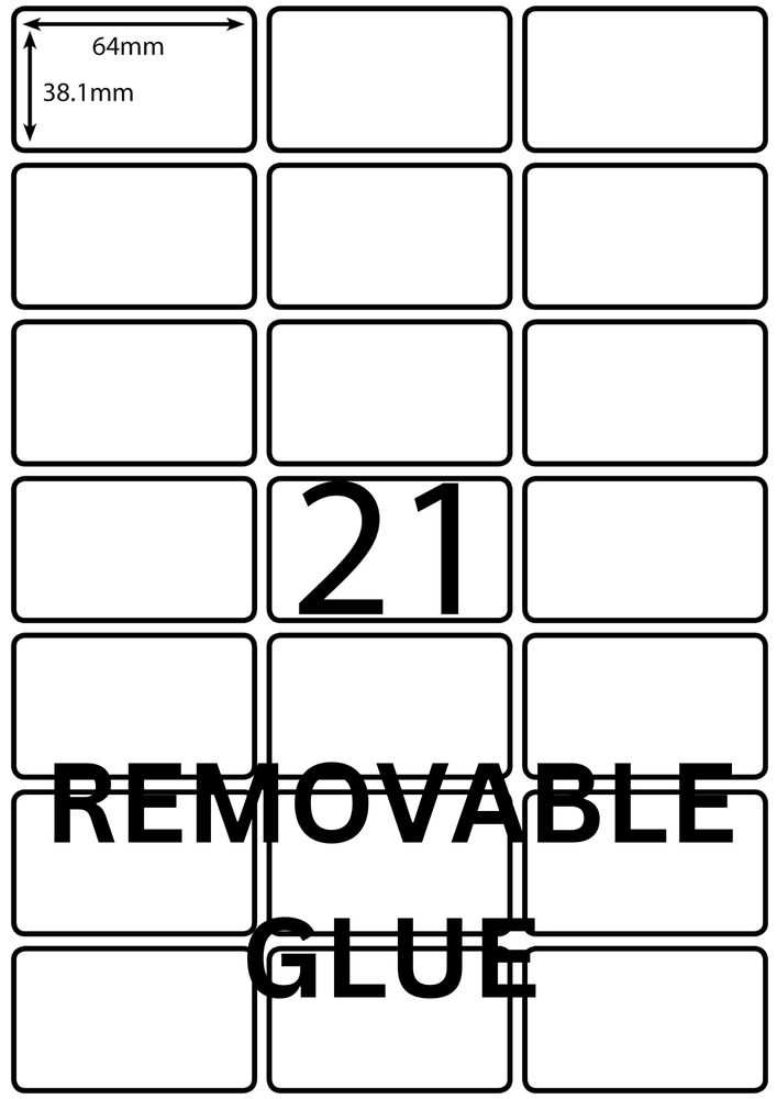 64 x 38.1 mm white A4 sheet label, 21 per sheet, 3 across.