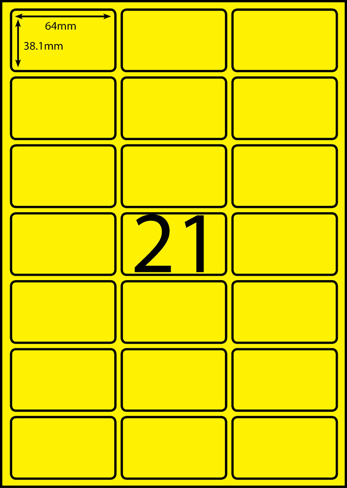64 x 38.1 mm yellow A4 sheet label, 21 per sheet, 3 across.