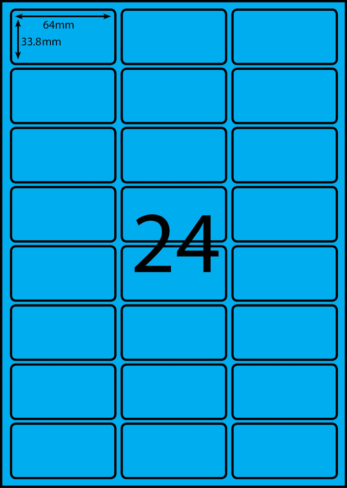 64 x 33.8 mm blue A4 sheet label, 24 per sheet, 3 across.