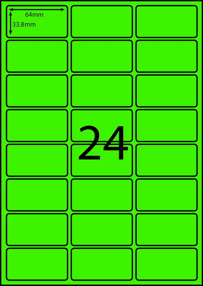 64 x 33.8 mm green A4 sheet label, 24 per sheet, 3 across.